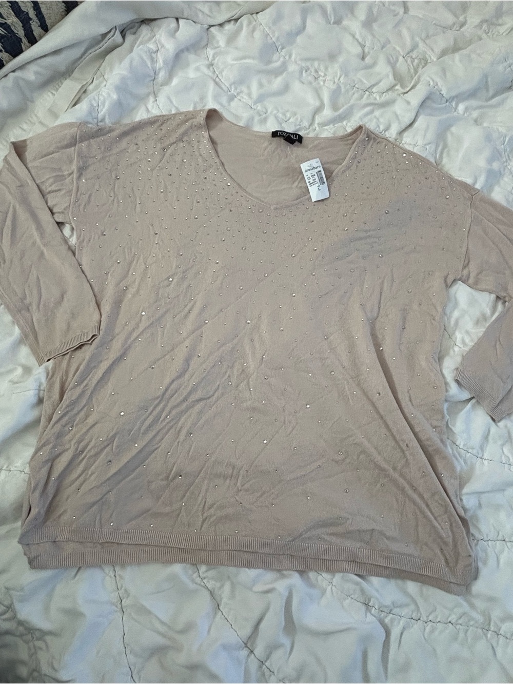 Roz & Ali Dressbarn Tan Rhinestone V-Neck Sweater Large NWT Beige Sparkle Knit